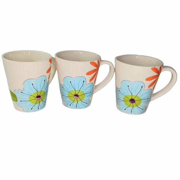 Gates Ware Laurie Gates Floral Mugs Yellow Blue Orange Hippie Boho Set of Three - Picture 2 of 9